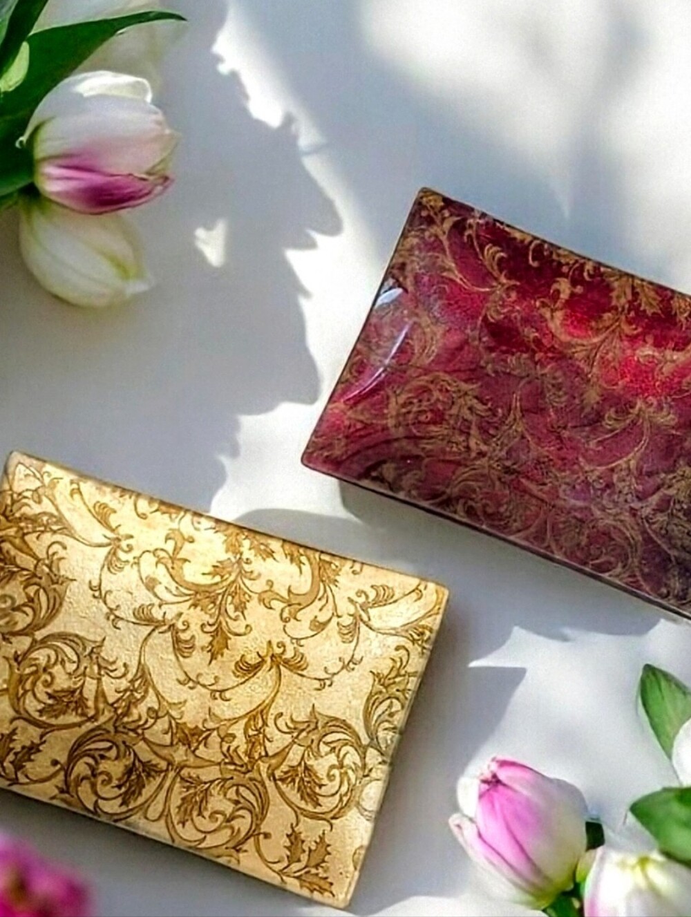Vintage Ornate Rococo Florentine Scroll Gold & Burgundy Decorative Trinket Trays